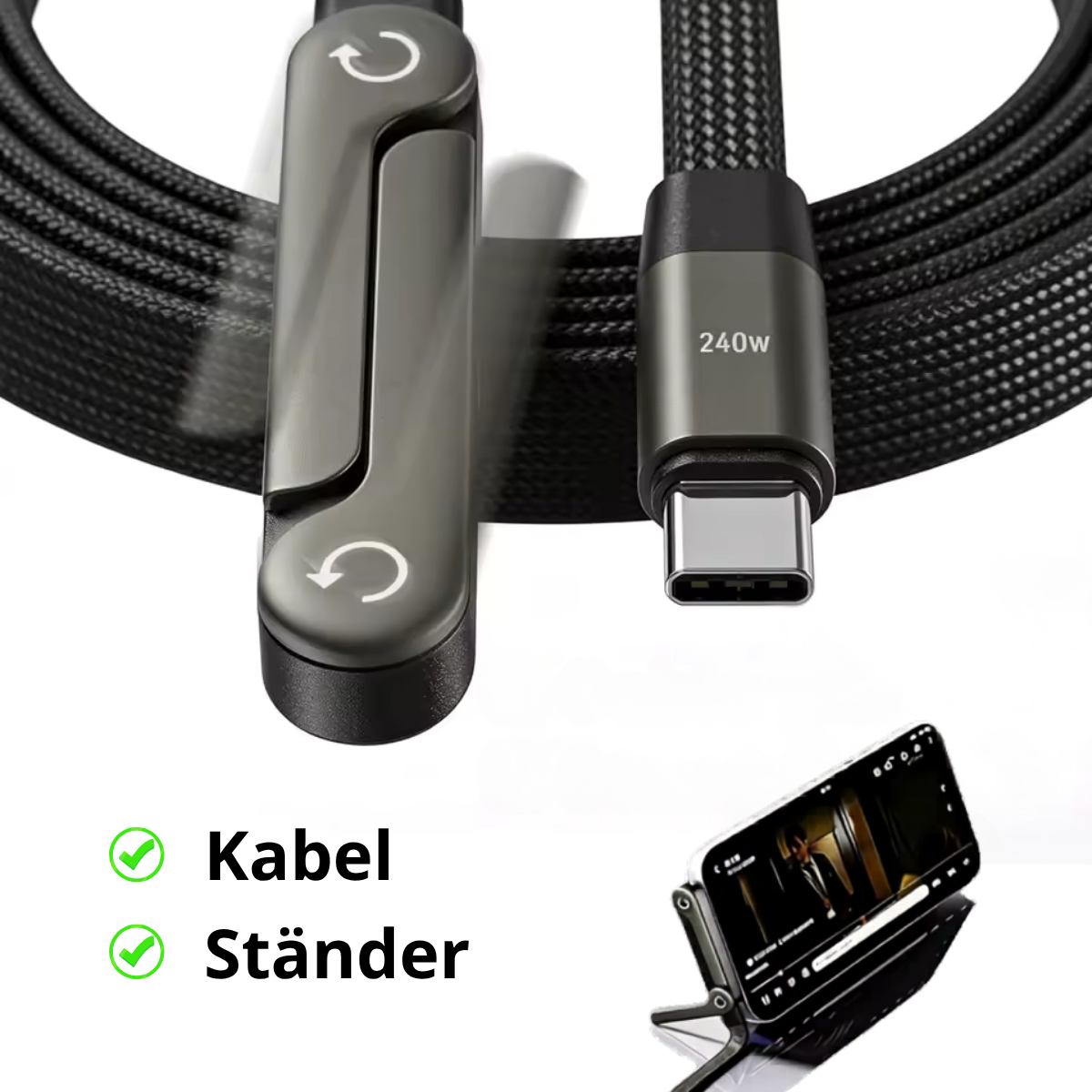 240W USB-C auf USB-C Kabel (1,5m) – Schnellladekabel mit innovativem Handy-Ständer & 180° Winkelstecker